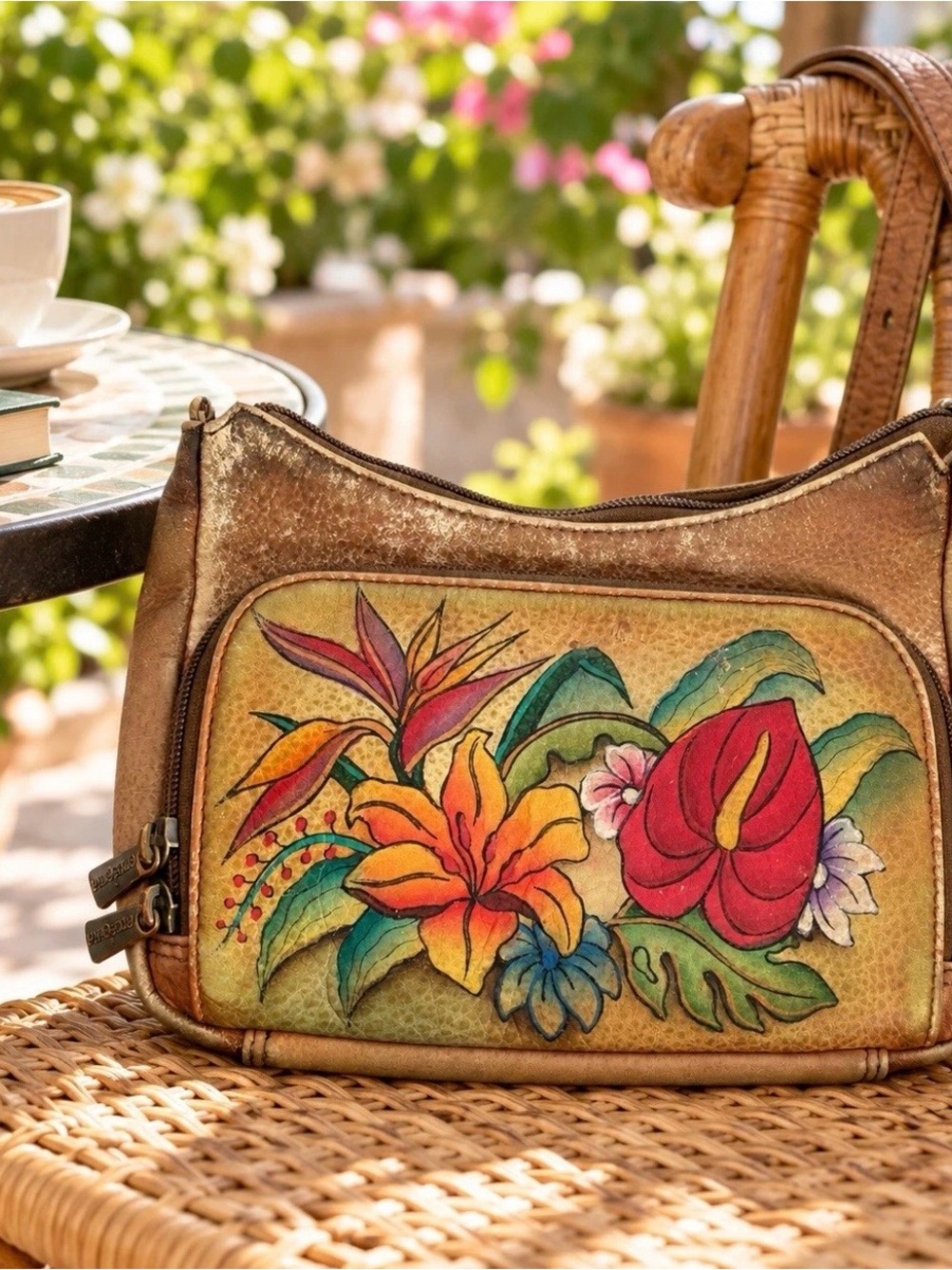 Anuschka Hand Painted Leather Crossbody Shoulder Bag Tropical Floral Brown Purse